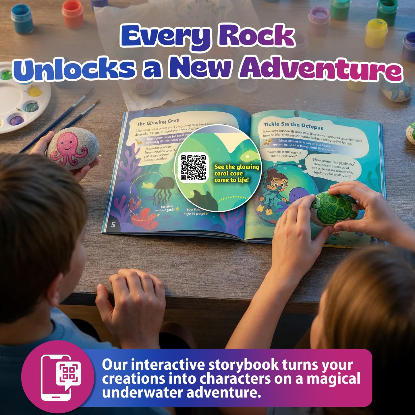 Pinwheel Crafts Glow in the Dark Rock Painting Kit with Interactive AR Storybook – 128pc Arts & Crafts Set for Kids – Augmented Reality Educational Toy for Boys & Girls Ages 6-12