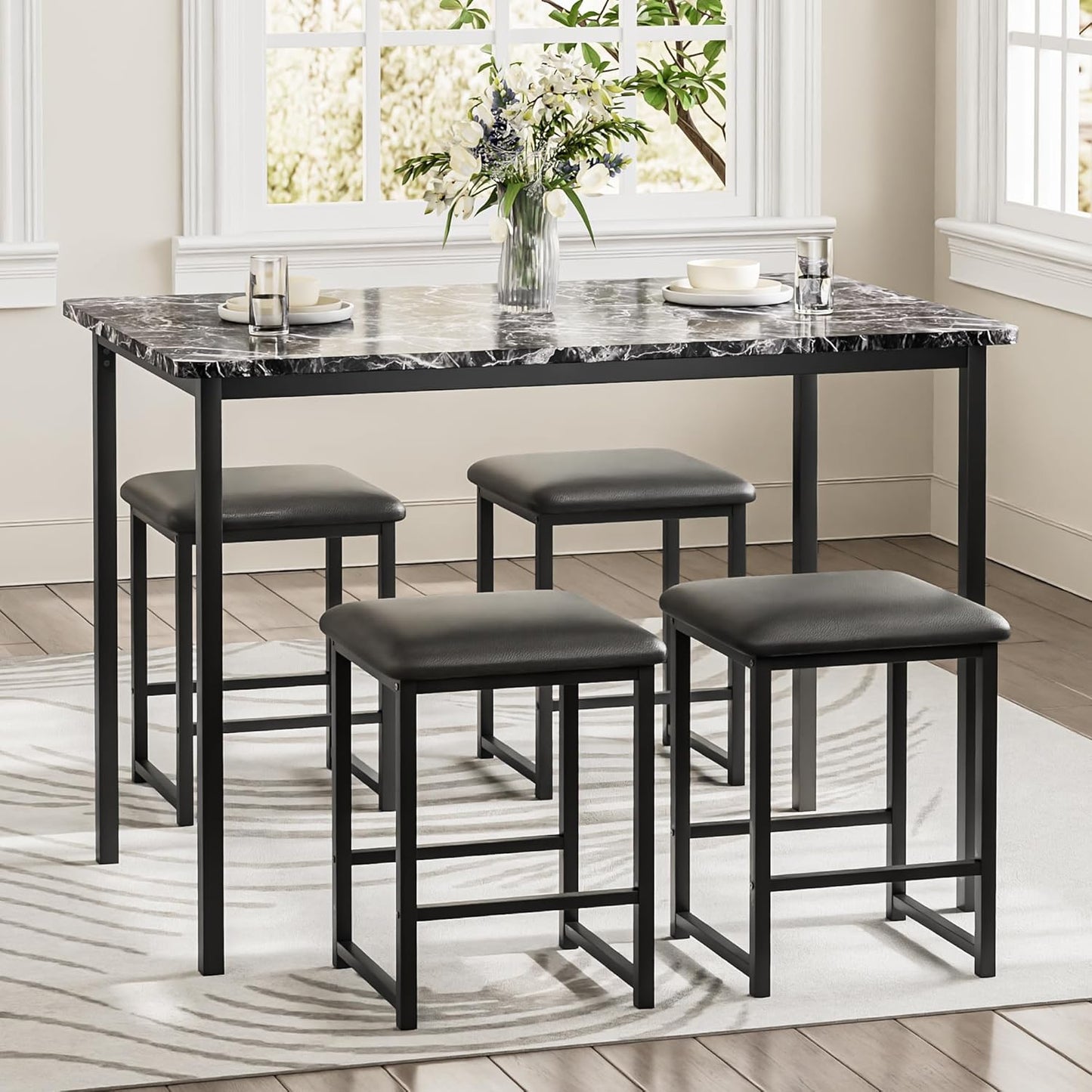VECELO Kitchen Table and Chairs for 4, Dining Room Set with PU Chairs/Stools, Heavy-Duty Metal Frame, Faux Marble Tabletop, Space-Saving Design for Small Spaces, Easy Assembly, Elegant Black