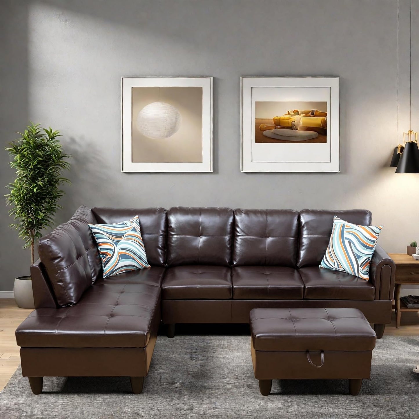 L Shaped Sectional Couches, Modular Sectional Modern Sofa for Living Room Bedroom Furniture, Comfy 4 Seat Couch with Ottoman Storage & Chaise, Brown