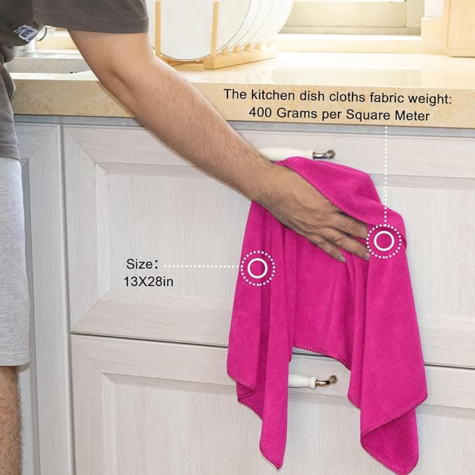 kimteny 13x28 Inches Kitchen Cloth Dish Towels, 400 GSM Premium Dishcloths, Super Absorbent Coral Velvet Microfiber Cleaning Cloths, Fast Drying Rags for Washing Dishes (12 Pack, Rose Red)