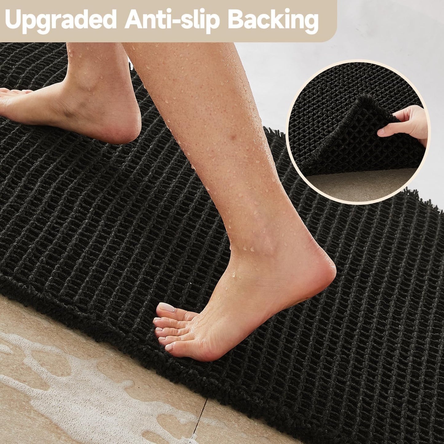 Black Bathroom Rug, Waffle Bath Mat Non Slip Washable Super Absorbent Quick Dry Boho Farmhouse Bathroom Decor, 36"x24"/ 3'x2' Black