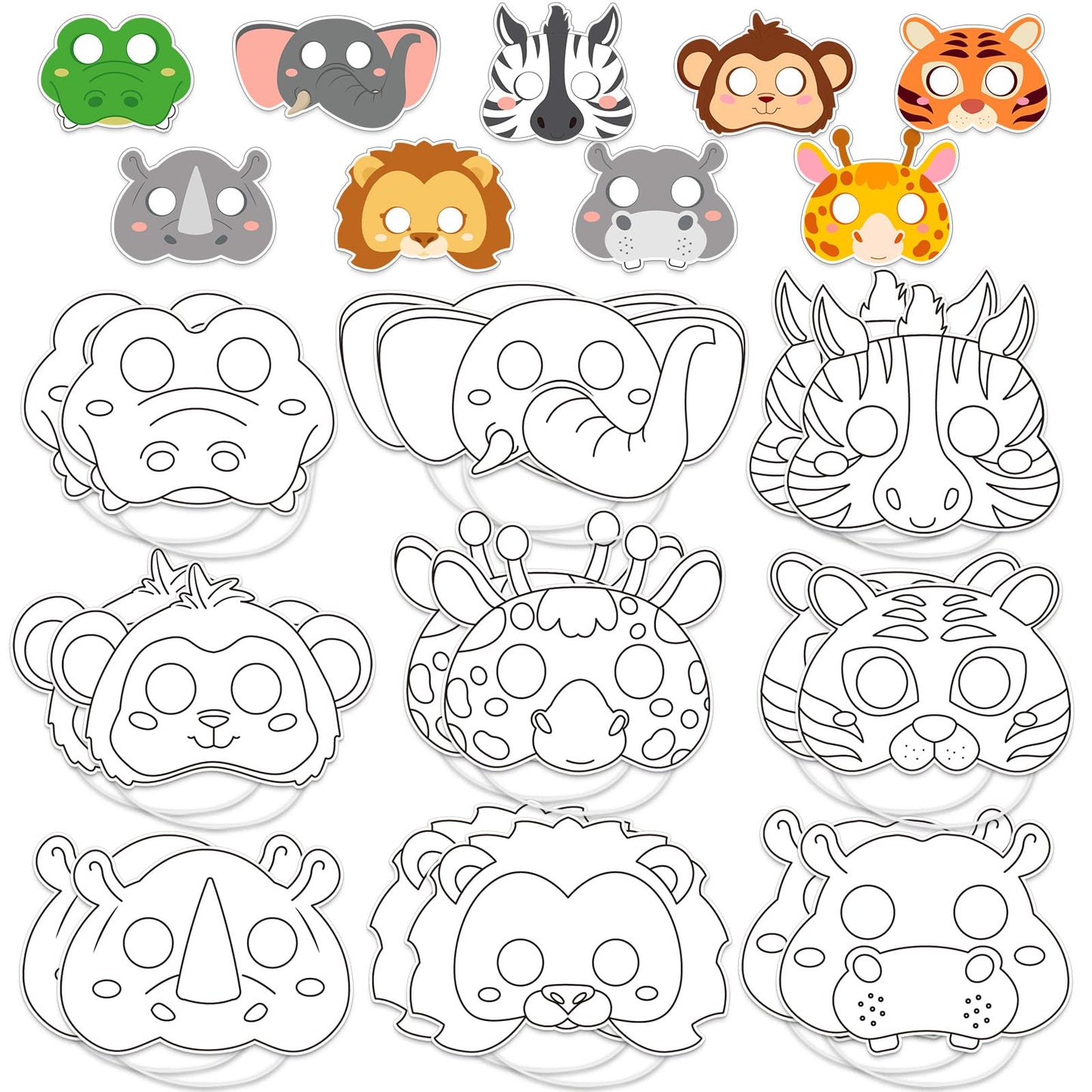63Pcs Color Your Own Animal Masks Crafts for Kids DIY Paper Blank Jungle Animal Party Favors Lion Tiger Monkey Masks Making Kits with Ropes for School Class Activities Birthday Party Supplies