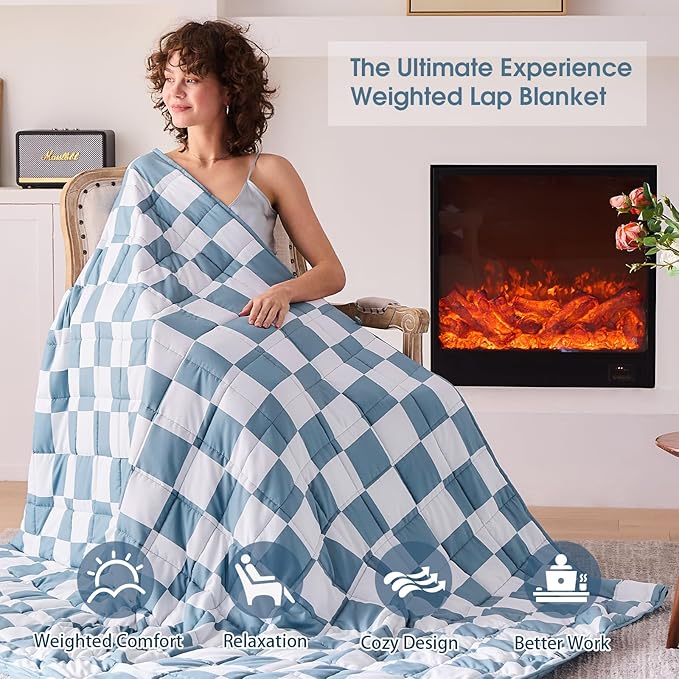Blue Checkered Weighted Blanket for Adults 12lbs, 48"x72", Twin Full Size Cooling Plaid Heavy Throw Blanket for 110-130lbs, Microfiber Soft Thick Big Blankets Weighted Comforter Gift for Sleeping