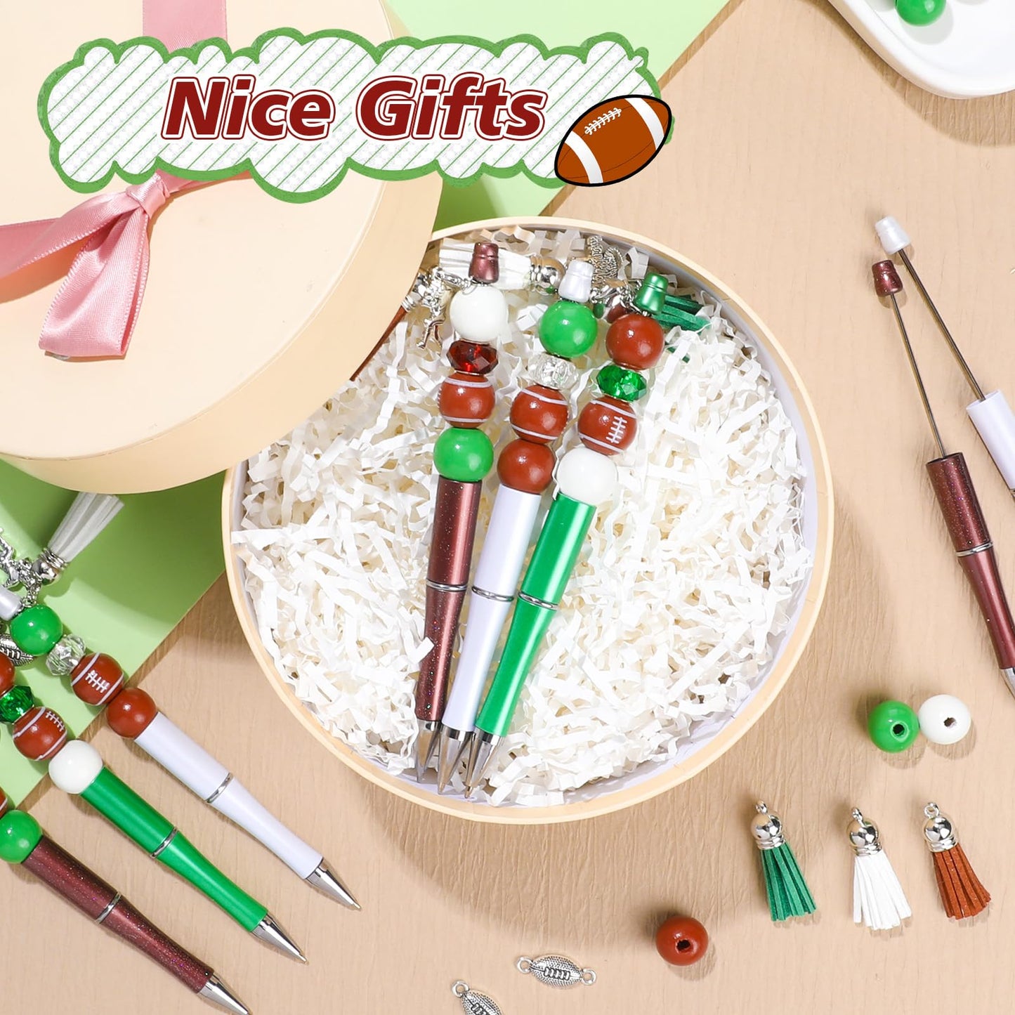 NEWEST 12 Pieces Sports Beadable Pens Plastic Football Bead Pens Included 48 Beads 12 Tassels 12 Pendants Football Beads Pen DIY Making Kit Beadable Ballpoint Pen for Gifts School Office Supplies