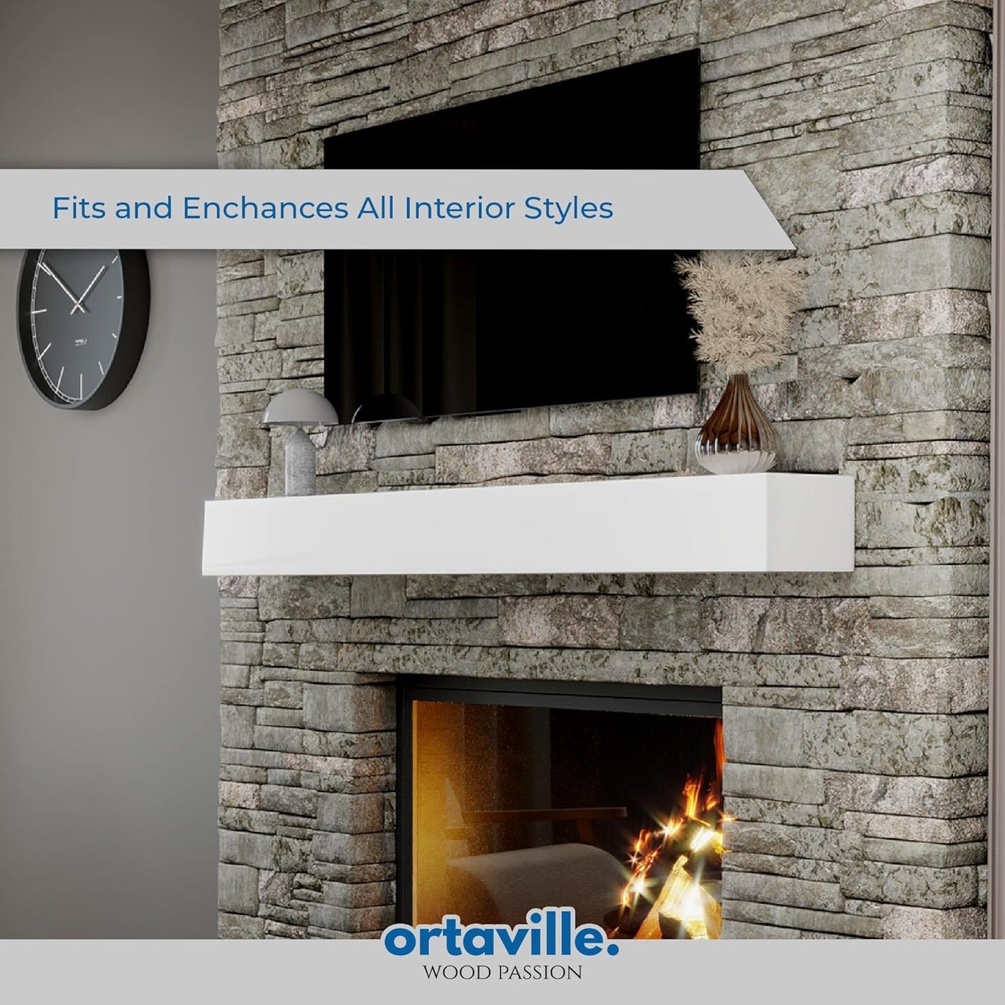 66" Floating Mantel Shelf - Modern White Fireplace Mantel with Matte Lacquer Finish for Living Room Elegance (66", White)