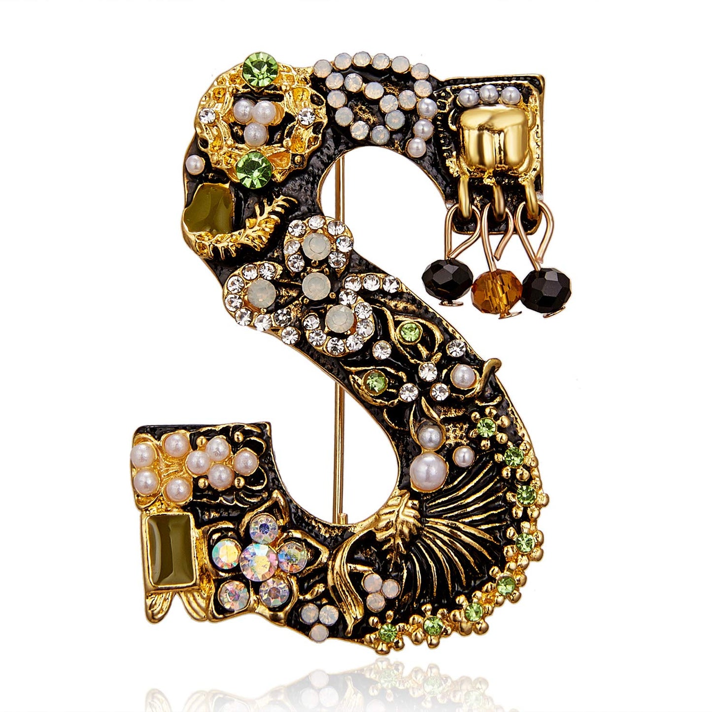 RINHOO Crystal Pearl Initial Brooch Gold Plated Enamel Colorful Letter Alphabet Breastpin Pin Jewelry for GIFTS (Letter -S)