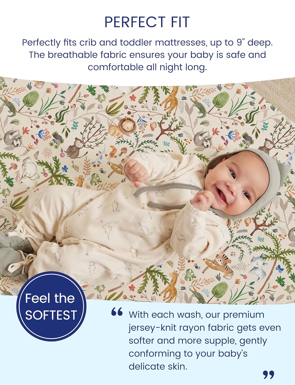TotAha Crib Sheets for Boys Girls, Premium Soft Crib Mattress Fitted Sheet, Super Stretchy Jersey Knit Baby Sheets, Silky Comfort Baby Bed Sheets 28x52x9 Extra Deep Pocket, 2 Pack (Happy Zoo & Jungle)