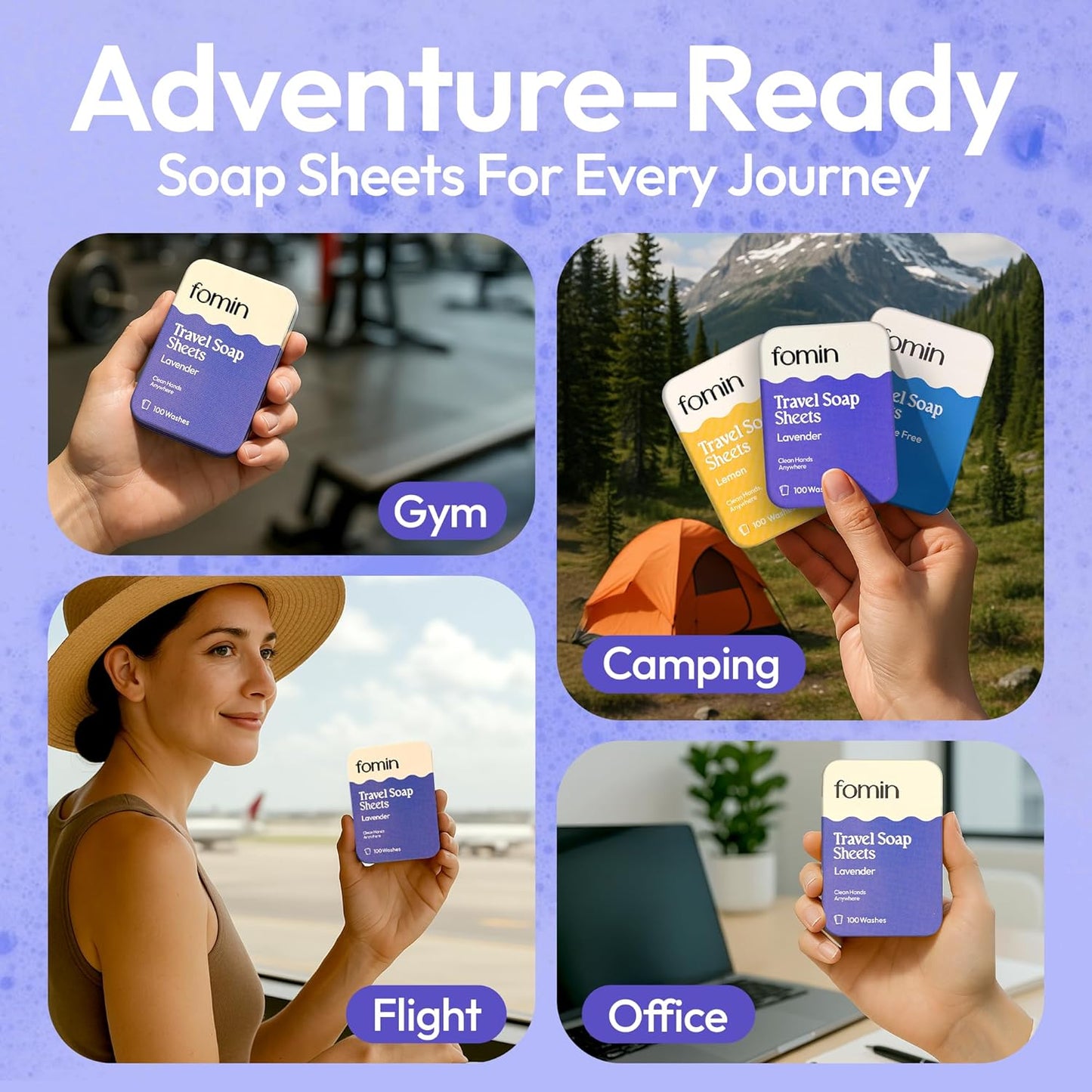 FOMIN - Antibacterial Paper Soap Sheets Tin for Traveling - (100 Sheets) Lavender Portable Travel Hand Soap Sheets, Dissolvable Mini Camping Hand Soap for Hand Washing