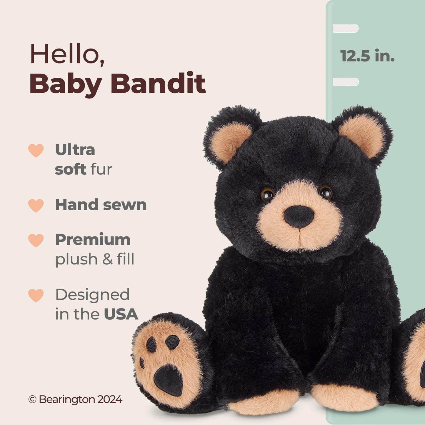 Bearington Woody The Black Teddy Bear Stuffed Animal - Black Teddy Bears Plush Toy with Soft Faux Fur and Lifelike Details - Adorable Cuddly Gift for Kids, Toddlers, and Animal Lovers