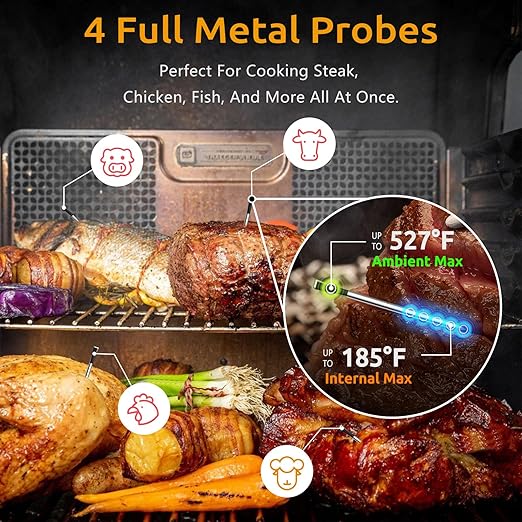 Meat Thermometer Digital Wireless, Long-Range BBQ Thermometer with 4 Probes, Dual Sensors for Perfect Grilling & Smoking - Black