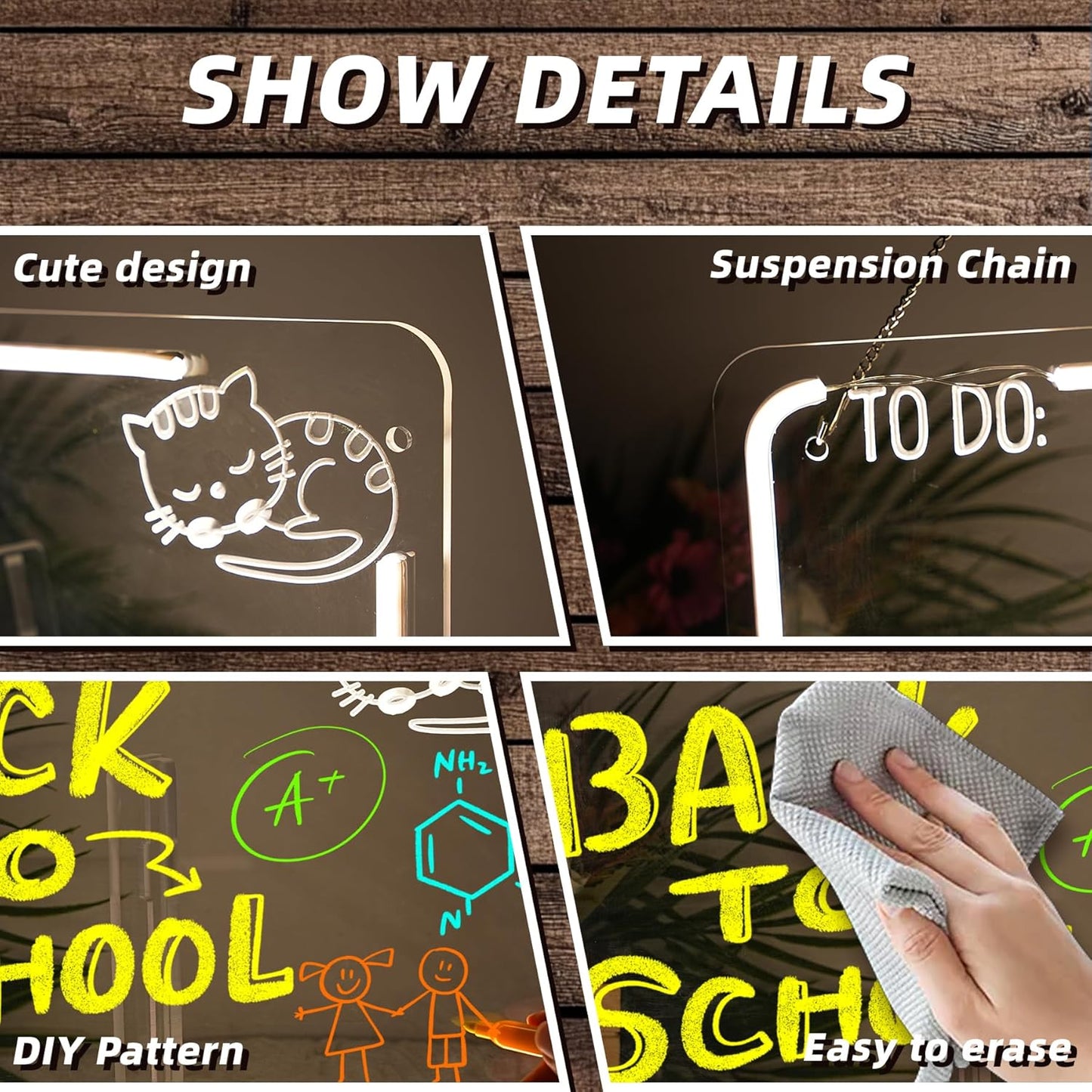 NOSUN CAT TO DO Kid LED Note Board 14.6*9.5” Acrylic Dry Erase Light Up Message Board with Chain and Stand, for Bar Salon Coffee Stores Club Hotel Kids With 7 Color Markers Glow Rewritable Memo Drawing Writing Board