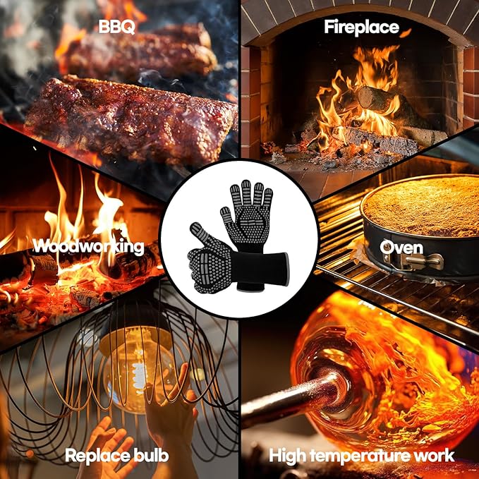 BBQ Gloves Heat and Flame Resistant Protection - Oven and Grill Gloves Hand Protection, Extended Wrist for Addtional Safety, Ideal for Outdoor Cooking, Grilling, Barbeque and Campfire (Grey)