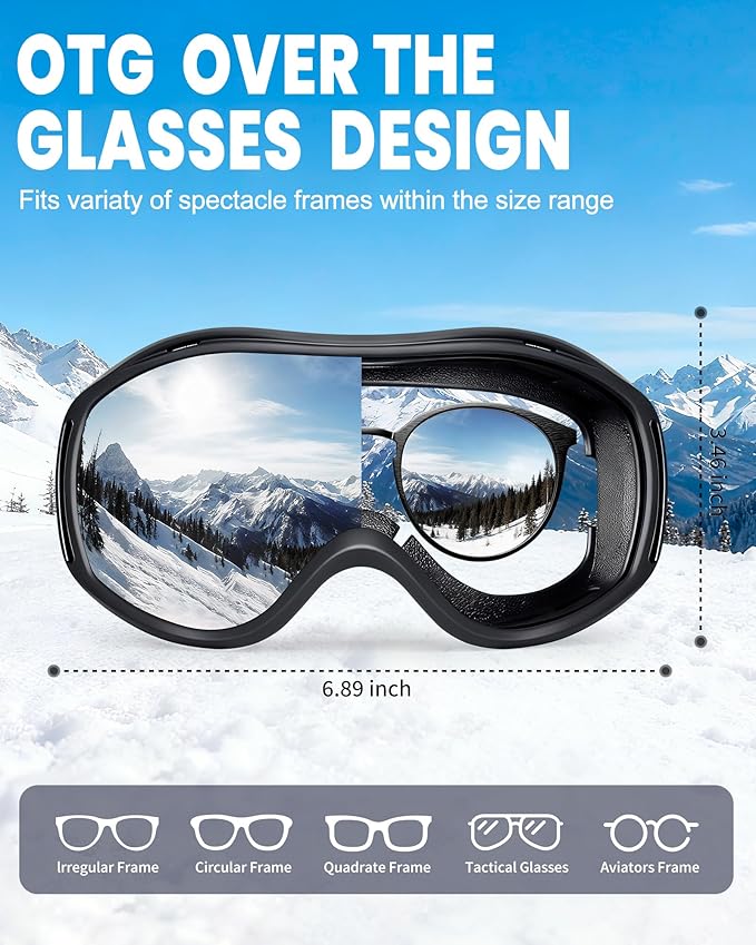 AVV Ski Goggles UV Protection, Anti-Fog Snowboard Snow Goggles OTG for Men Women Adults & Youths