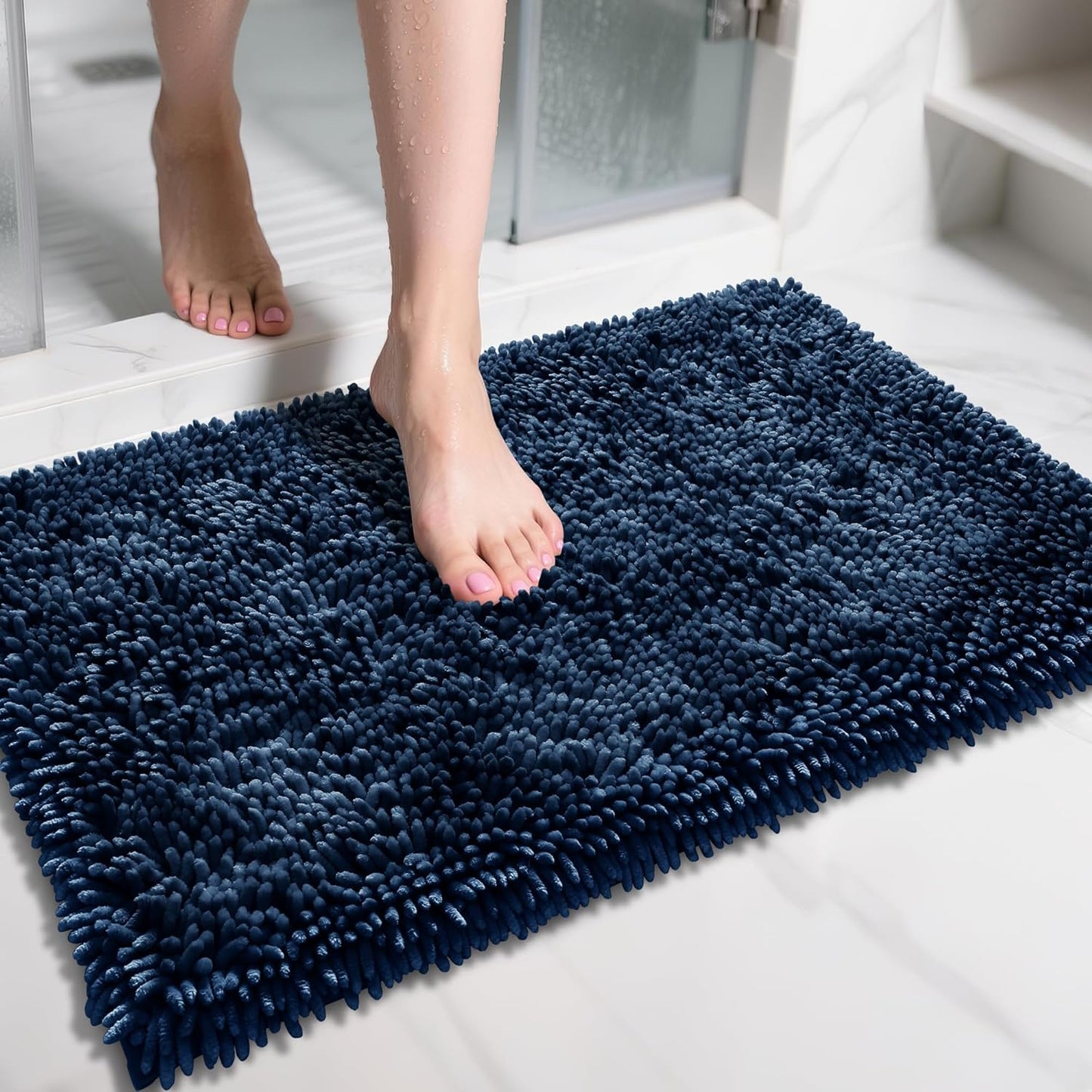 Yimobra Chenille Bathroom Rugs Non Slip, Extra Thick Soft Absorbent Bath Rug 31.5x20 Inch, Machine Washable Quick Dry Bath Mat for Bathroom Floor, Tub and Shower, Home Decor Accessories, Navy Blue