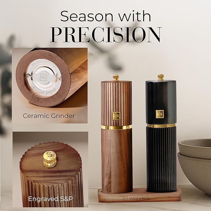 Wooden Salt and Pepper Grinder Set – Refillable Manual Salt and Pepper Mills with Adjustable Ceramic Burrs, Gold Detailing, and Acacia Wood Stand – Ideal Kitchen Gift