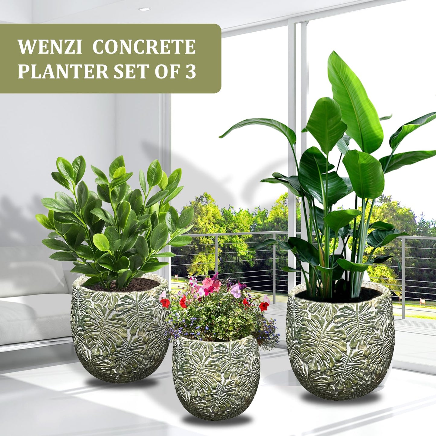 ShangDemonMaster Craft flowerpots 18"+13"+9" Dia Round Concrete Planter Set of 3 Large Outdoor/Indoor Planter Pots Containers with Drainage Holes and Rubber Plug for Home Garden (Green, Large)