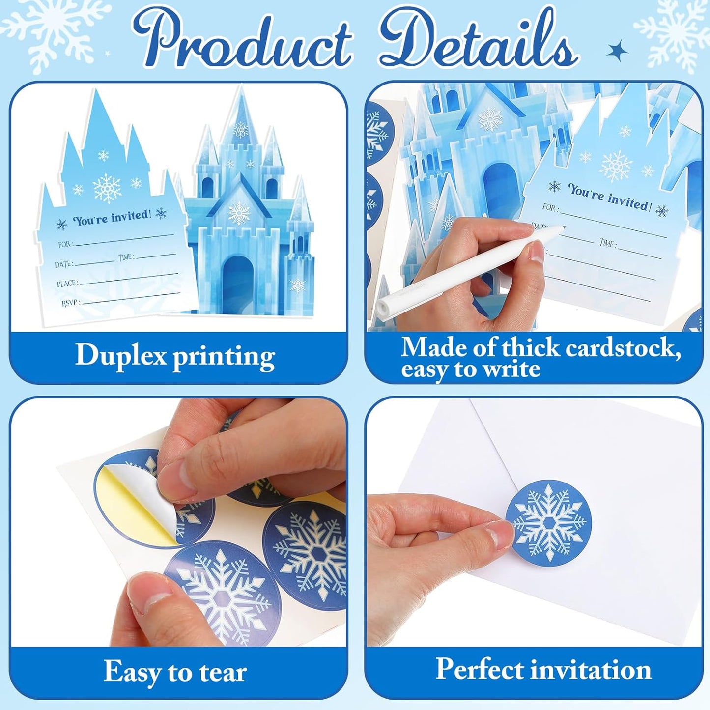 30 Sets Snowflake Castles Christmas Birthday Invitations with Envelopes Stickers Winter Snow Themed Invitations for Girl Kids Birthday Party Supplies Decoration