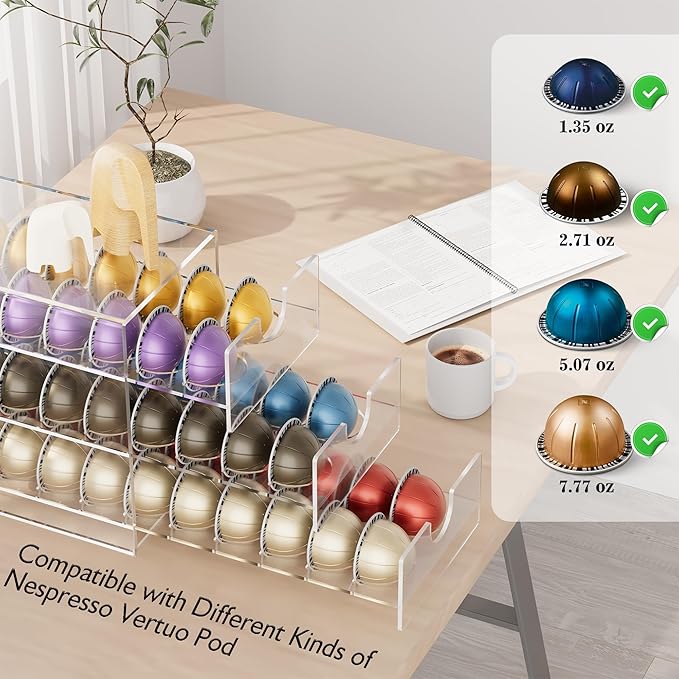 Acrylic Coffee Pod Organizer for Nespresso Vertuo Pod Holder 60 Pods Clear Vertuo Pod Storage Drawer (3 Tier)