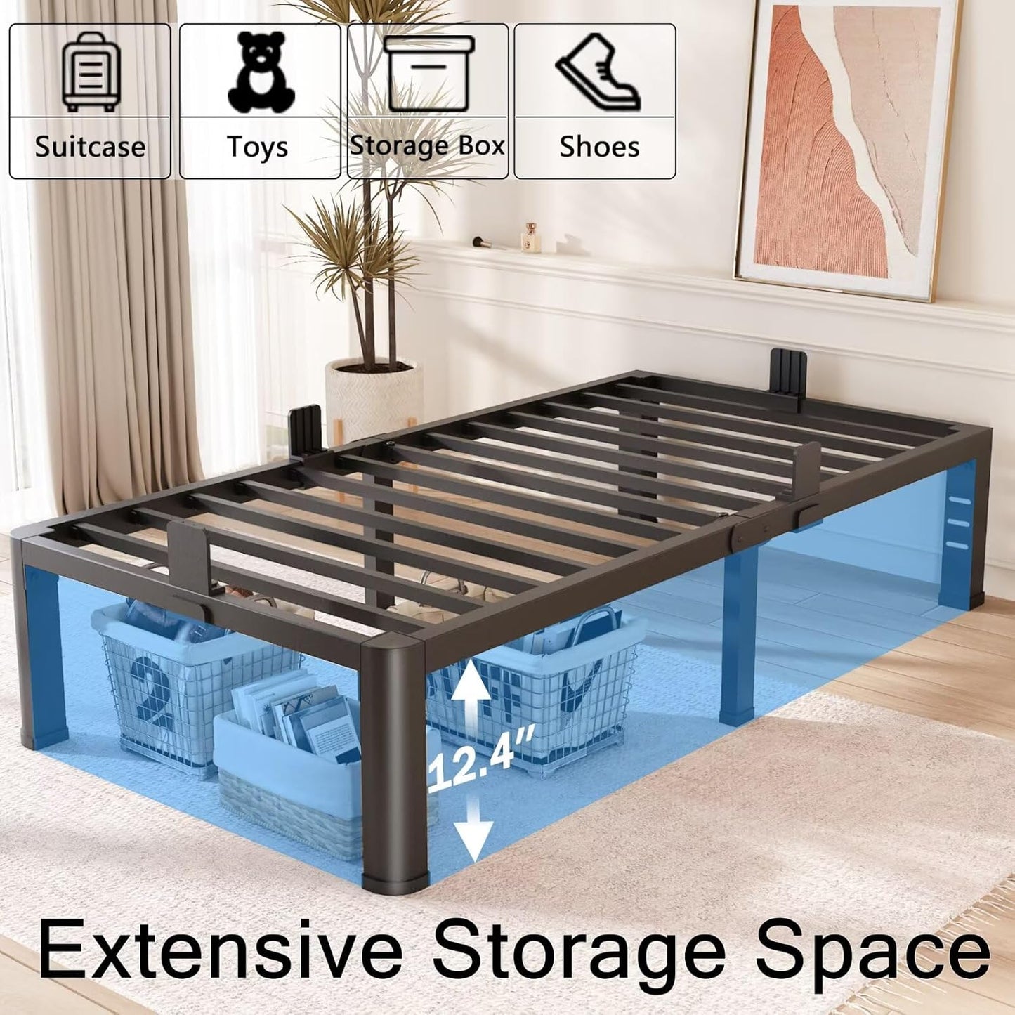 FUIOBYVV 14 Inch Twin XL Bed Frame with Rounded Corner and Headboard Hole Mattress Retainers 3500 LBS Metal Heavy Duty Steel Slats Support No Box Spring Needed Platform Noise Free Easy Assembly