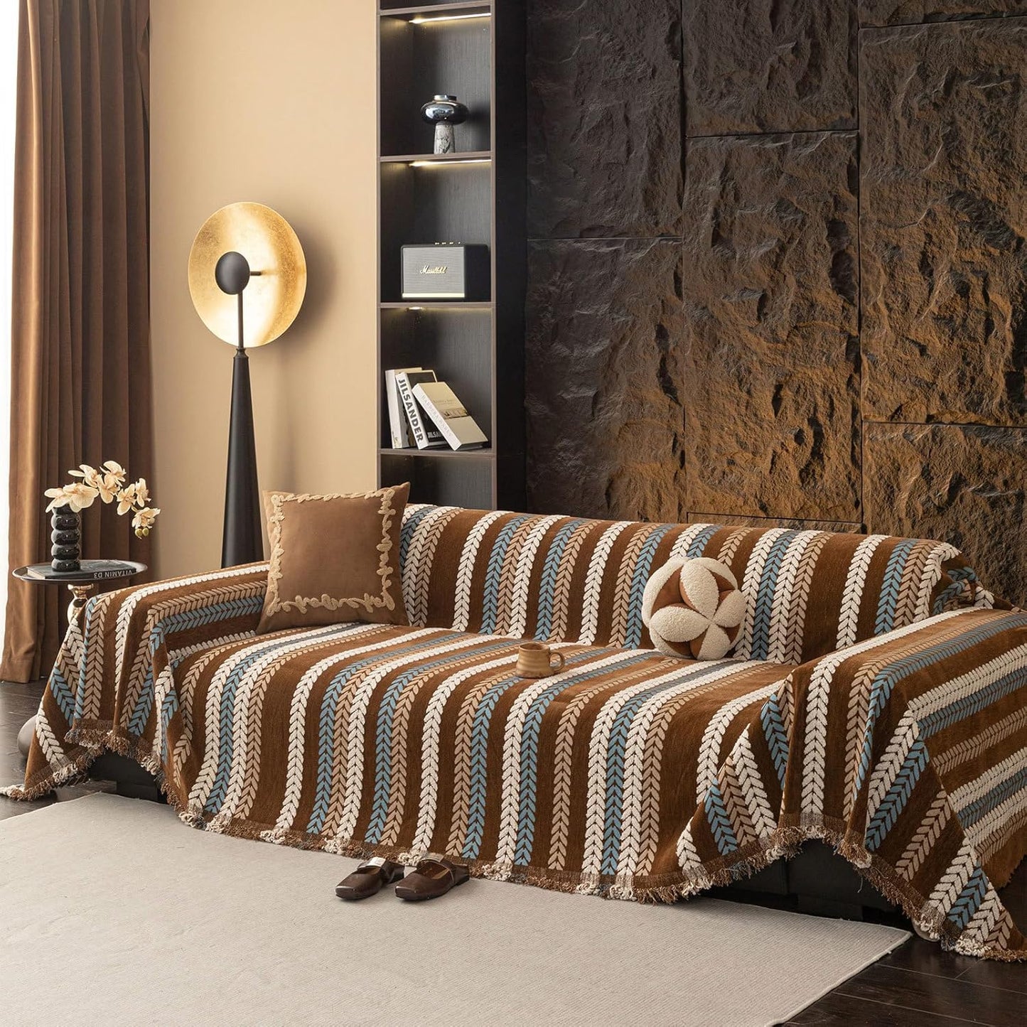 STACYPIK Khaki Jacquard Leaves Sofa Cover, Vintage Couch Cover for Dogs, Washable Pet Protector for 2 Cushion Couch, Non-slip Chenille Sofa Covers for Loveseat, Boho Couch Cover for Sectional-71X118IN