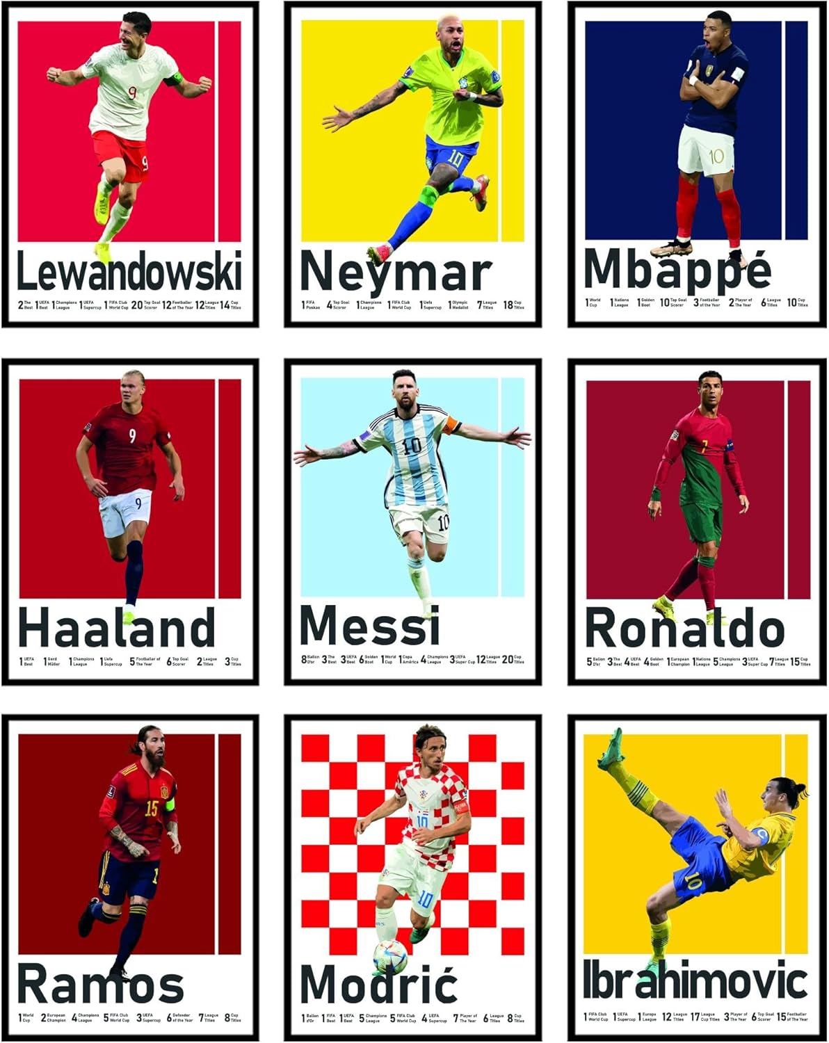 BigWig Prints Soccer Posters - Soccer Decor for Boys Room, Ronaldo & Messi Poster, Mbappe, Neymar, Zlatan Ibrahimovic, Ramos, Modric, World Cup Wall Art, Fifa Art - Unframed Set Of 9 (8x10”)