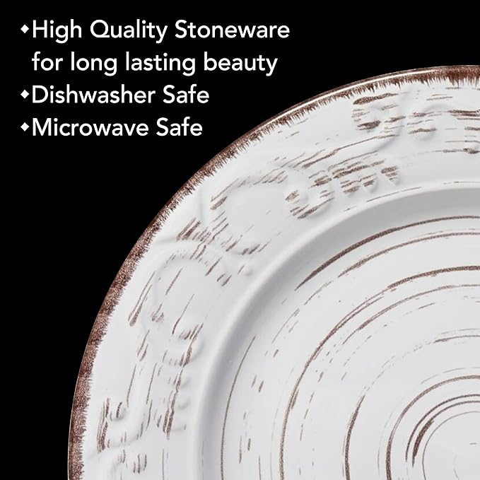 Pfaltzgraff Trellis White 16-Piece Stoneware Dinnerware Set, Service for 4, Distressed White Finish, Microwave & Dishwasher Safe Plates and Bowls