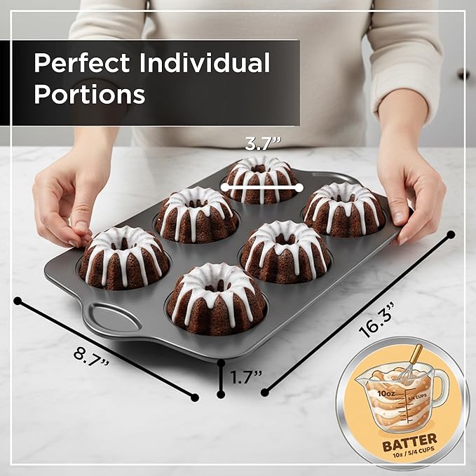 Wrenbury Nonstick Mini Buntz Cake Pan Non Stick for Baking - 6 Cup Bundlette Fluted Cake Tin for Small Cakes - PFOA Free and Dishwasher Safe - 3.75” Cup Width
