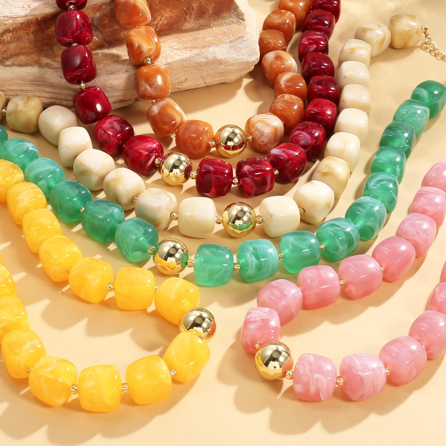 BREPINE Watermelon Red Pink Chunky Necklaces for Women Multicolored Large Square Resin Beads Necklace Trendy Bold Statement Beaded Summer Candy jelly Vacation Choker