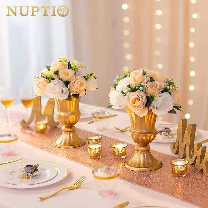 NUPTIO Artificial Flower Centerpieces for Tables: Peachy Champagne & White Flower Ball Arrangement for Wedding Party - 2 Pcs 9.5 Inch Diameter Floral Rose for Bridal Shower Decor