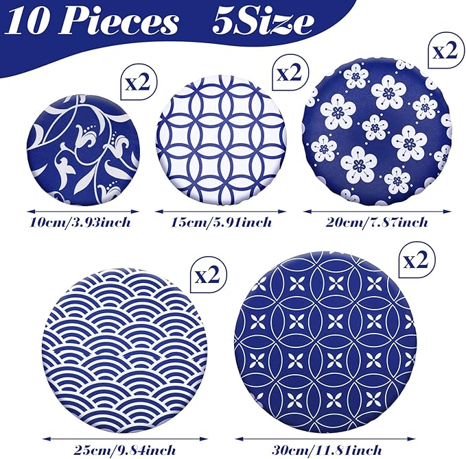 Patelai 10 Pcs Bowl Covers Reusable in 5 Size Stretch Cloth Fabric Elastic Food Storage Bowl Covers Bread Sourdough Lids for Proofing Food Fruits Leftover(Blue White,Stylish Style)