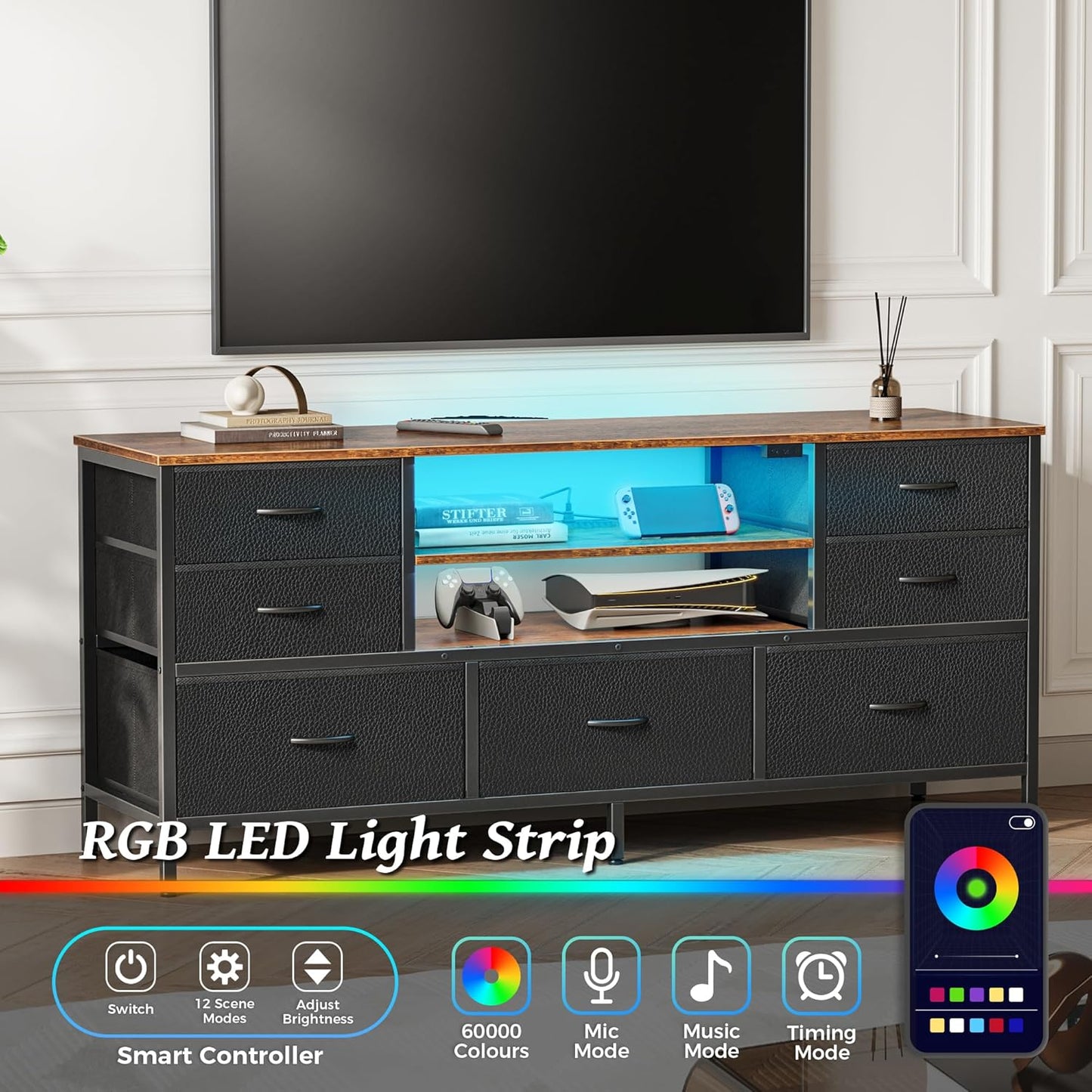 Huuger TV Stand Dresser with Power Outlets and LED Lights, 7 Drawers, 47 Inch Console, Rustic Brown and Black