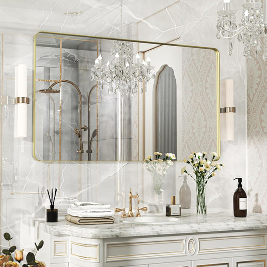 50×30 Glod Bathroom Mirror, Rectangular Bathroom Vanity Mirror for Wall with Rounded Corners & Aluminum Alloy Frame, Tempered-Glass, Modern, Farmhouse, Horizontal/Vertical, Entryway, Bedroom