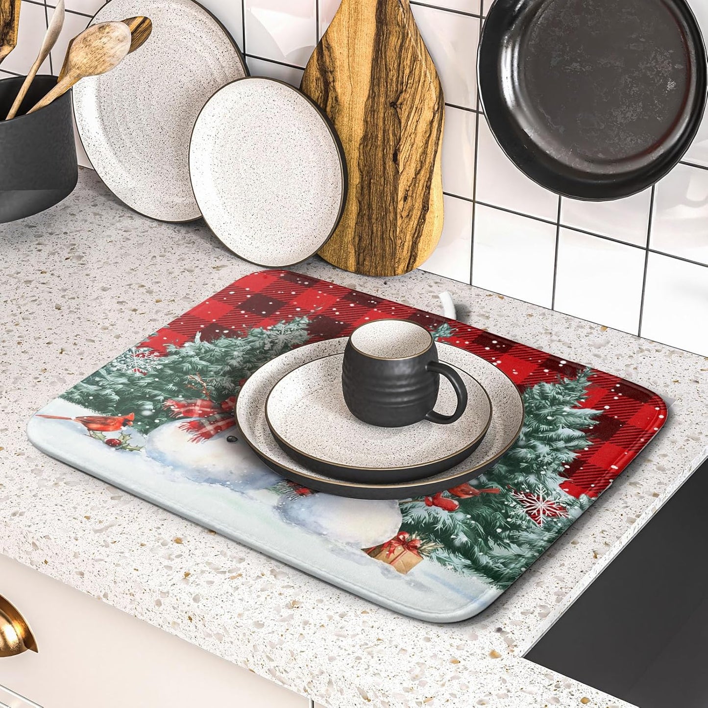 Christmas Snowman Dish Drying Mat for Kitchen Counter Xmas Trees Snowflake Buffalo Plaid Drying Mat 16x18 Inch Winter Holiday Absorbent Dish Drainer Mat Christmas Kitchen Accessories