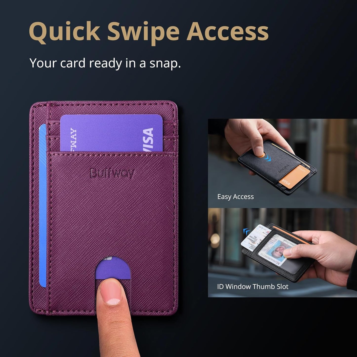 Buffway Slim Minimalist Front Pocket RFID Blocking Leather Wallets for Men and Women - Cross Purple