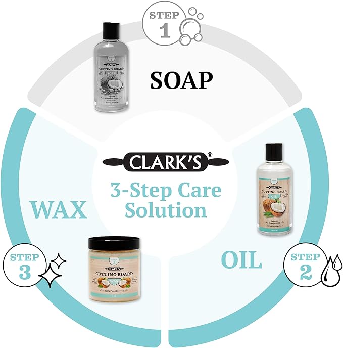 CLARK'S Cutting Board Care Kit with Coconut Oil - Includes Butcher Block Oil and Wax - Made with Refined Coconut Oil, Natural Beeswax, and Carnauba Wax - For Kitchen Countertops and Butcher Blocks
