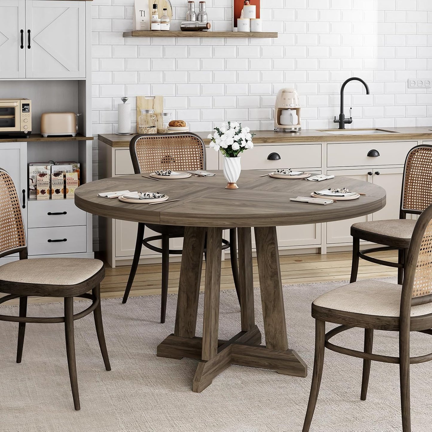 Dining Table for 4 to 6 People, 47 Inch Round Dining Table, Wooden Kitchen Table with Sturty Legs, Dining Room Table for Dining Room, Kitchen, Grey