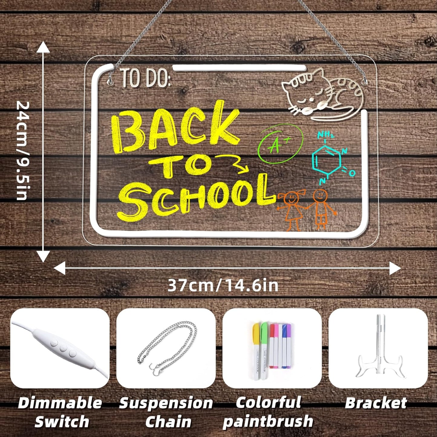 NOSUN CAT TO DO Kid LED Note Board 14.6*9.5” Acrylic Dry Erase Light Up Message Board with Chain and Stand, for Bar Salon Coffee Stores Club Hotel Kids With 7 Color Markers Glow Rewritable Memo Drawing Writing Board