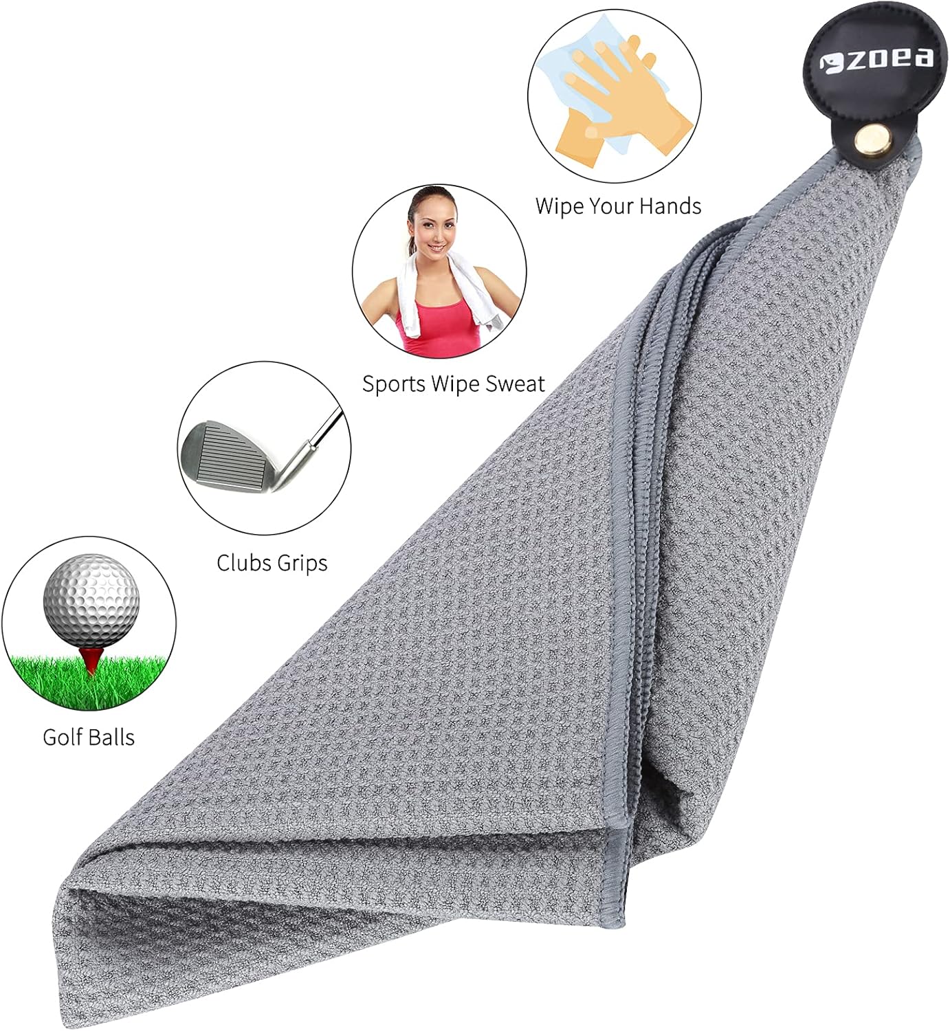 ZOEA Magnetic Towel, Magnetic Clip for Golf Towel, Microfiber Fabric Waffle Pattern Towels Industrial Strength Magnet for Strong Hold to Golf Carts or Clubs (1, Grey)
