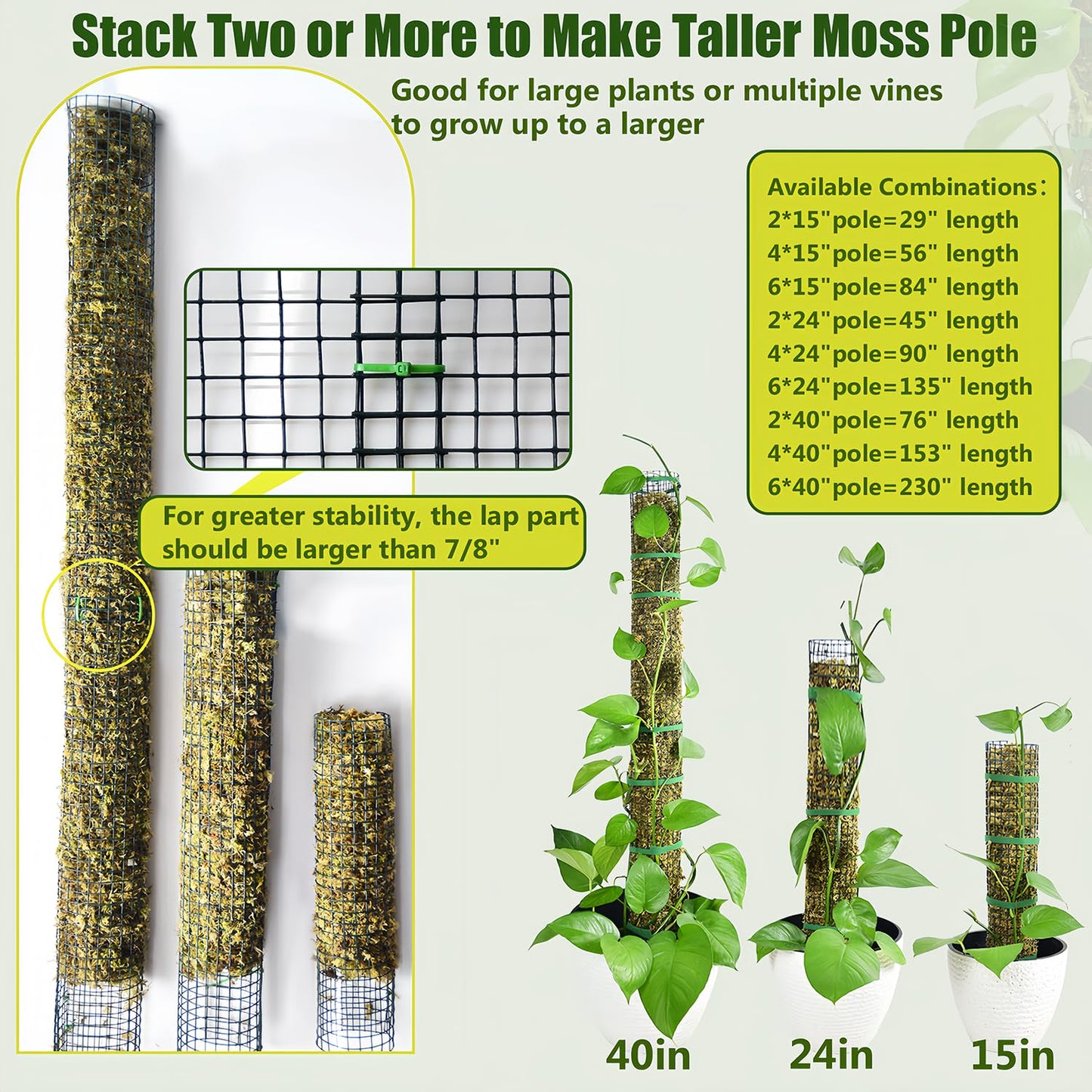 4 Pack Metal Moss Pole, 15" Moss Poles for Plants Monstera, Stackable Sphagnum Moss Pole for Plants, Plant Poles for Climbing Plants Work with Sphagnum Moss(4 Pack 15")