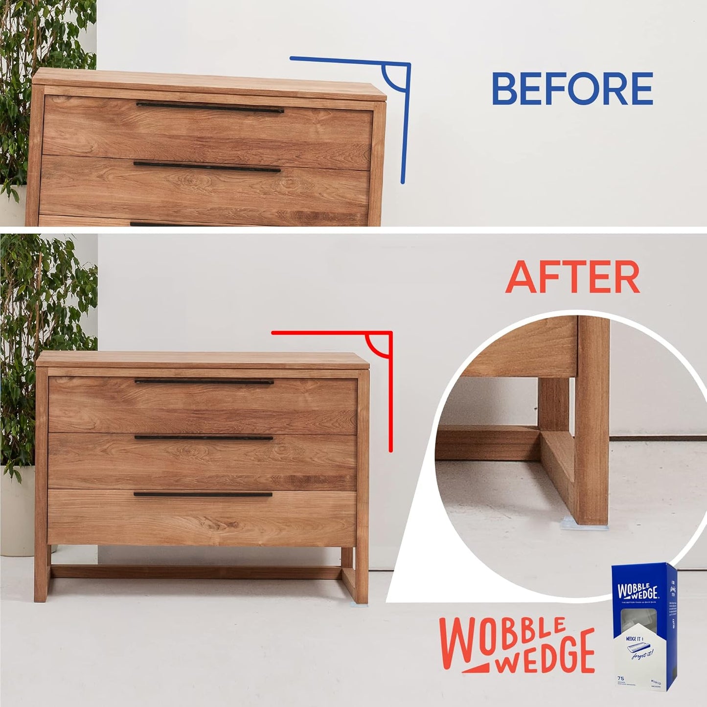 The Original Wobble Wedge Rigid Plastic Shims-MADE IN USA - Heavy-Duty Leveling Wedges for Furniture, Tables, Toilets, Home Improvement & Work Projects-Transparent Plastic Shim, Leveling Feet, 75 Pack