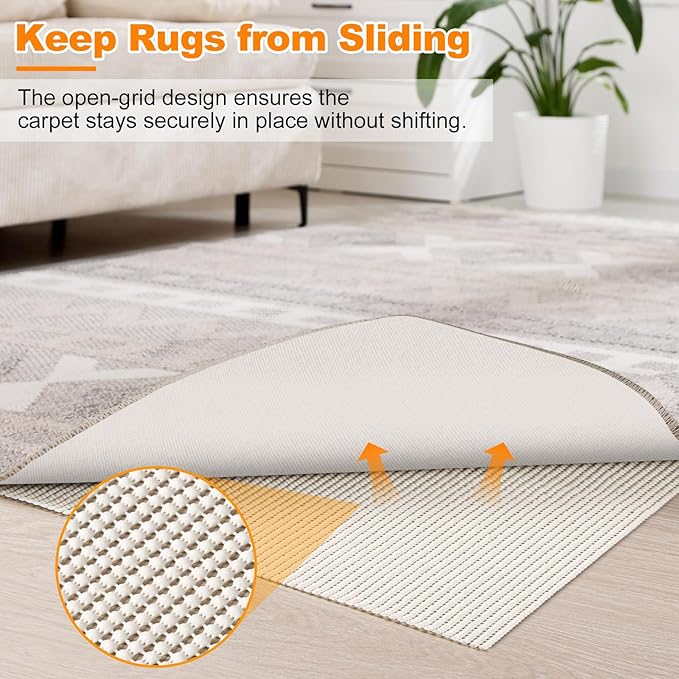 Songrey Non-Slip Rug Pad 5x8 FT, Extra Thick Carpet Pads for Hard Surfaces, Prevents Sliding and Secures Rugs, Provides Floor Protection with Comfort Cushioning