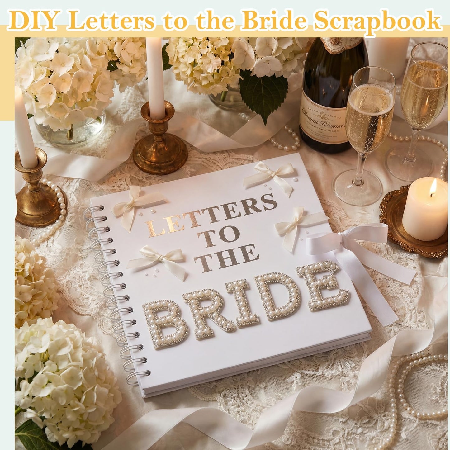 FunooFuno 8 x 8 Inch DIY Letters to the Bride Scrapbook Wedding Memory Book Bridal Blank Paper Scrapbook with Pearl Letter Stickers Bows Wax Seal Stickers Envelope for Wedding Bridal Shower Gifts
