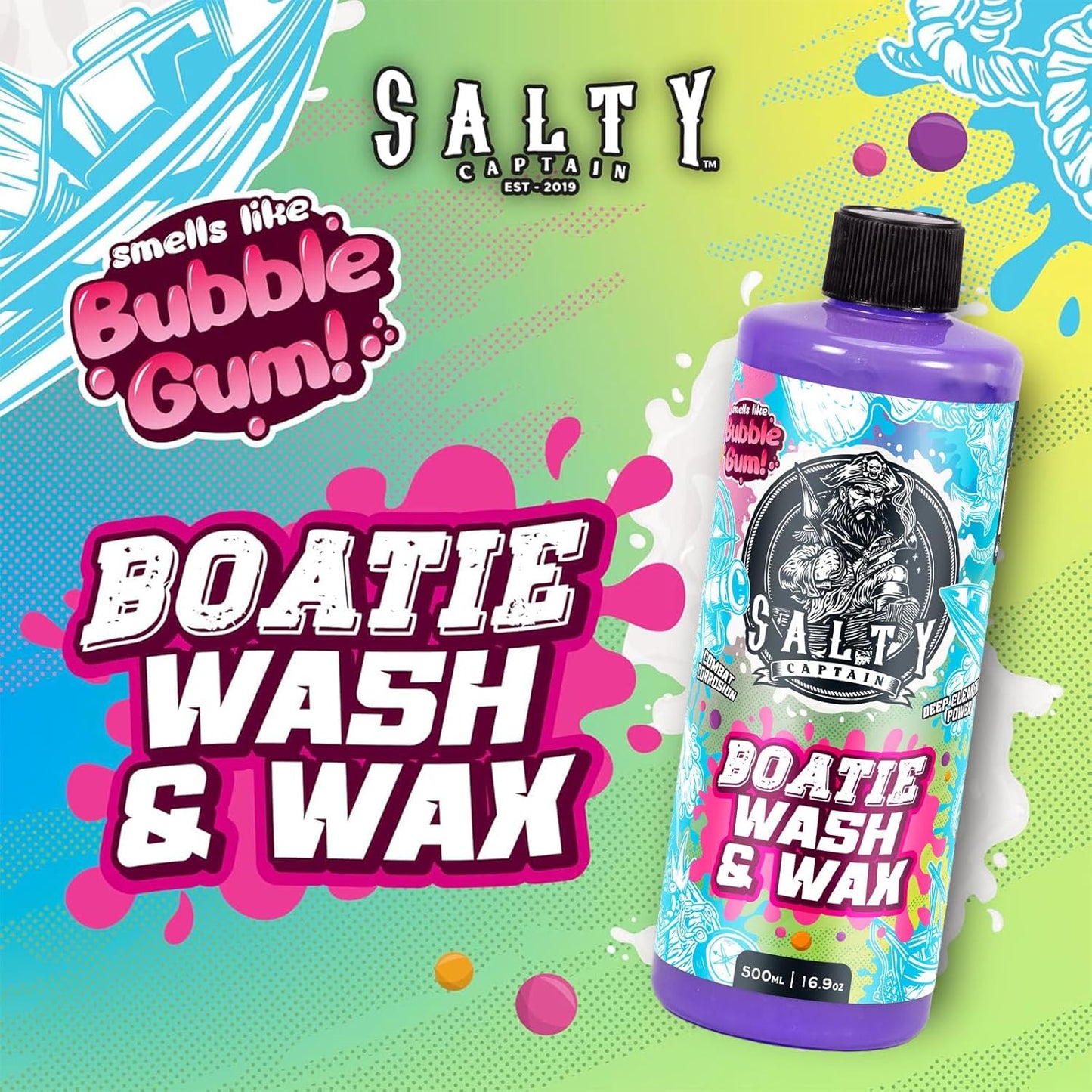 Salty Captain Boatie Wash N Wax - (Bubble Gum Scent) Foaming Car & Boat Wash and Wax Concentrate, Cleans Away Salt, Marine Residue, Dirt | pH Balanced