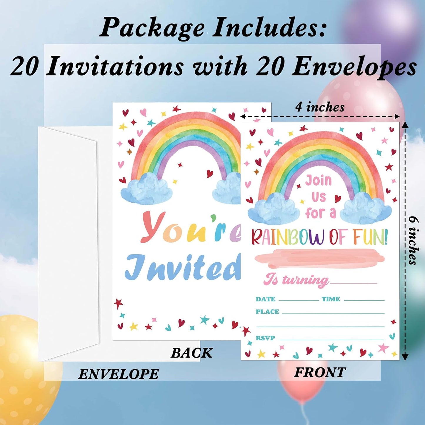 Rainbow Birthday Invitations, 20 Invitation Cards with Envelopes, Colorful Clouds Invites for Girl Party Decorations Favor Supplies - A10