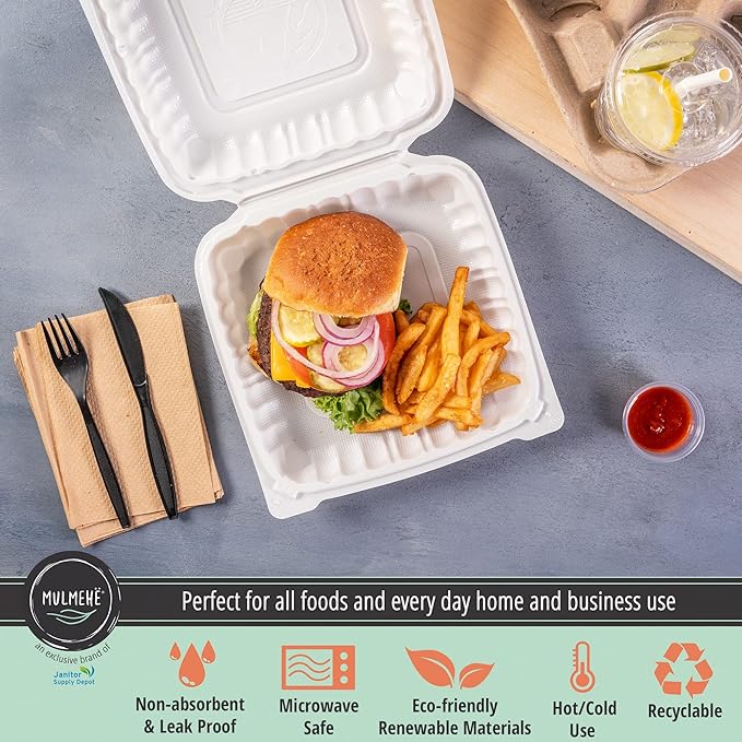 MULMEHË Mineral Filled Polypropylene Plastic Hinged Take Out Food Containers, 9x9x3, Vented Single Compartment, Natural White, 200 per Case