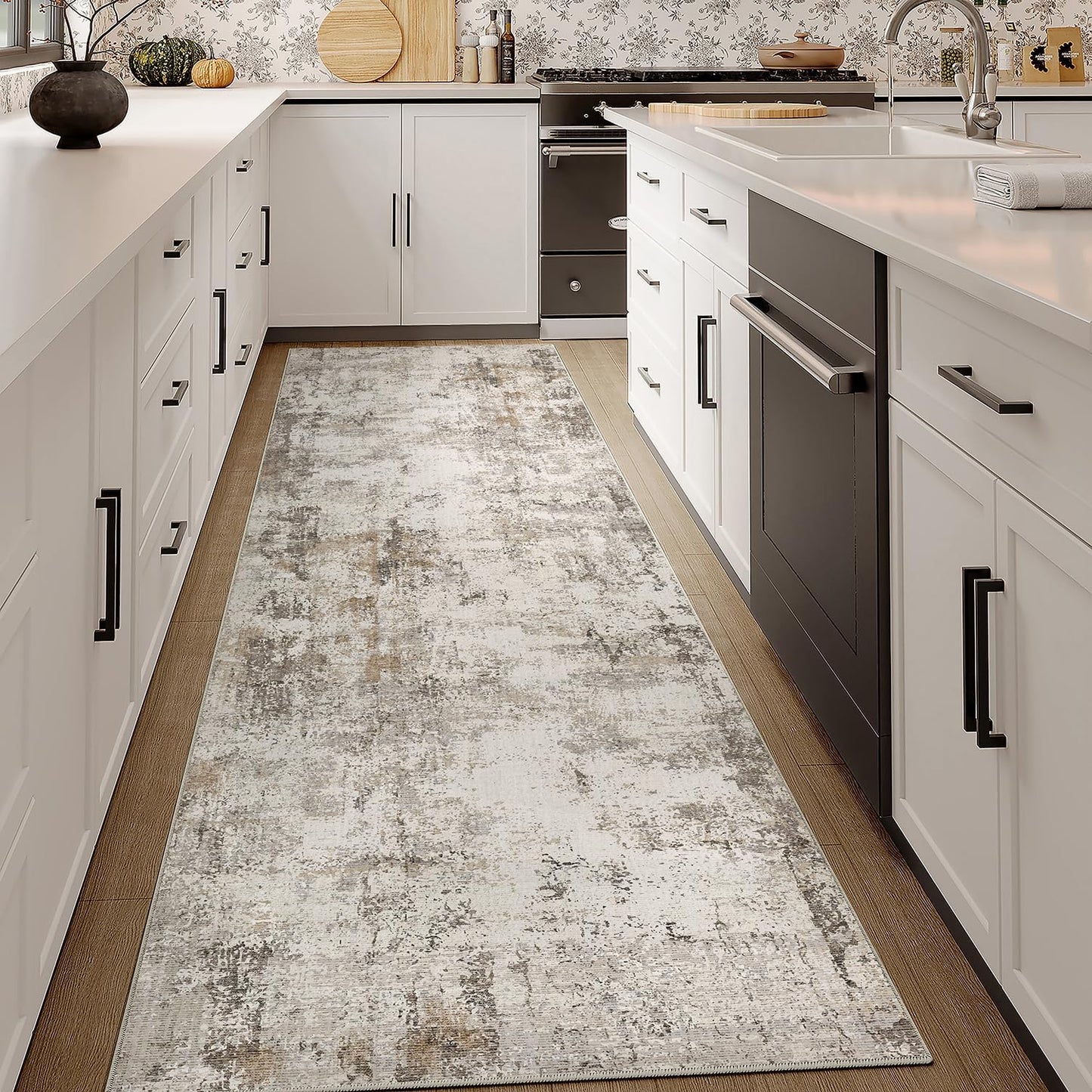 3x8 Washable Runner Rug Brown Grey Neutral Abstract Hallway Kitchen Living Room Bedroom Non Slip Throw Rug Soft Low Pile Indoor Carpet for Entrance Laundry Bathroom