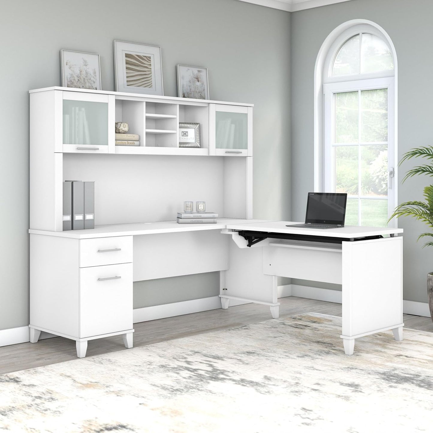 Bush Furniture Somerset 72W 3 Position Sit to Stand L Shaped Desk with Hutch in White