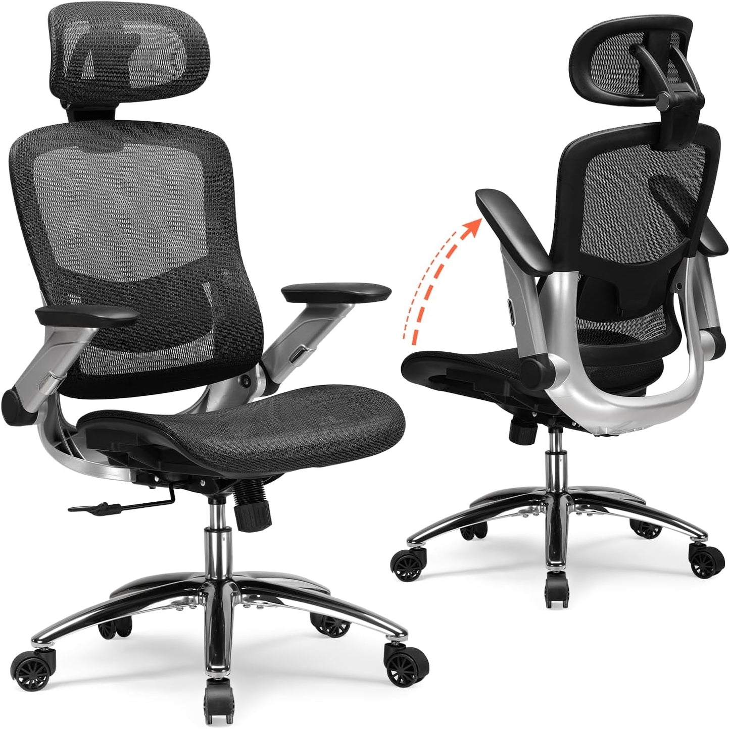 COMHOMA Big and Tall Ergonomic Mesh Office Chair, High Back Home Desk Chair Computer Gaming Chair with Headrest, Flip-Up Arms, 90-125° Tilt Lock and Wide Cushion, Task Chair for Man Woman- Black