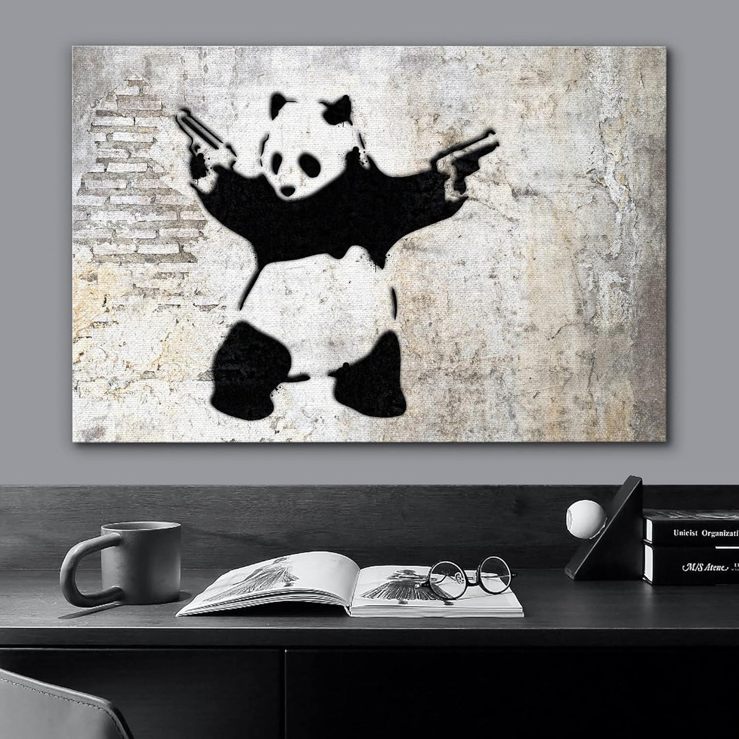 wall26 Canvas Print Wall Art Banksy Panda with Handguns on Wall Cities Animals Digital Art Modern Art Chic Scenic Expressive Dark Black and White for Living Room, Bedroom, Office - 24"x36"