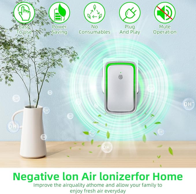 Plug in Ionic Air Purifier: 6 Pack Air Ionizers for Home - Silent Filterless - Negative Ion Air Purifier Freshener for Bedroom Office Bathroom Basement for Pet Odors,Dust,Smoke,Air Cleaner(Silver)